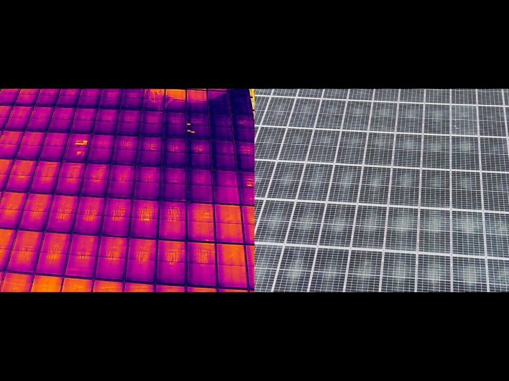 Comparaison entre imagerie thermique et vue standard d’une surface solaire.