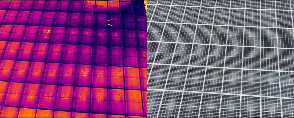 Comparaison entre imagerie thermique et vue standard d’une surface solaire.