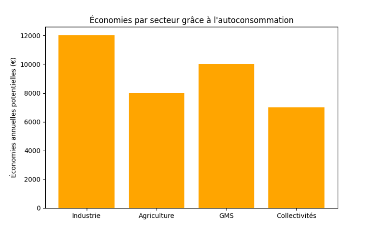Graphique en barres montrant les économies annuelles potentielles par secteur grâce à l'autoconsommation solaire : industrie, agriculture, GMS et collectivités