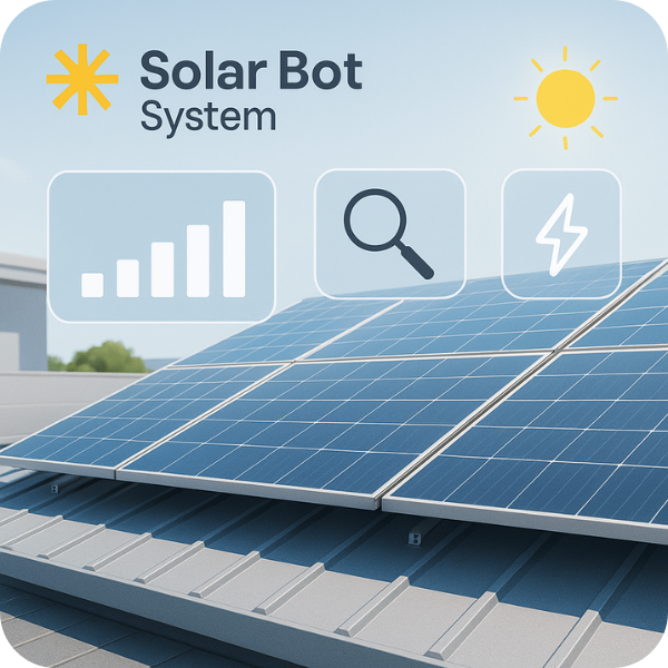 Panneaux solaires sur toit avec logo Solar Bot System et icônes de performance énergétique