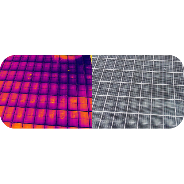 Comparaison entre imagerie thermique et vue standard d’une surface solaire.